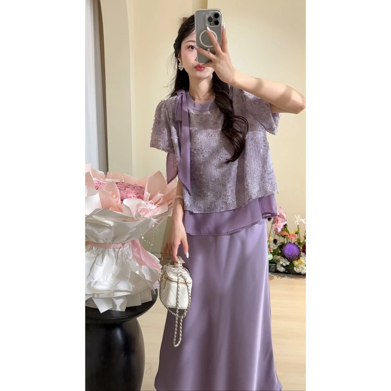 DD [風吹き花落] 女性用パープルソフトツーピーススーツヨーロッパ風夏服新しいニッチハイエンド|undefined