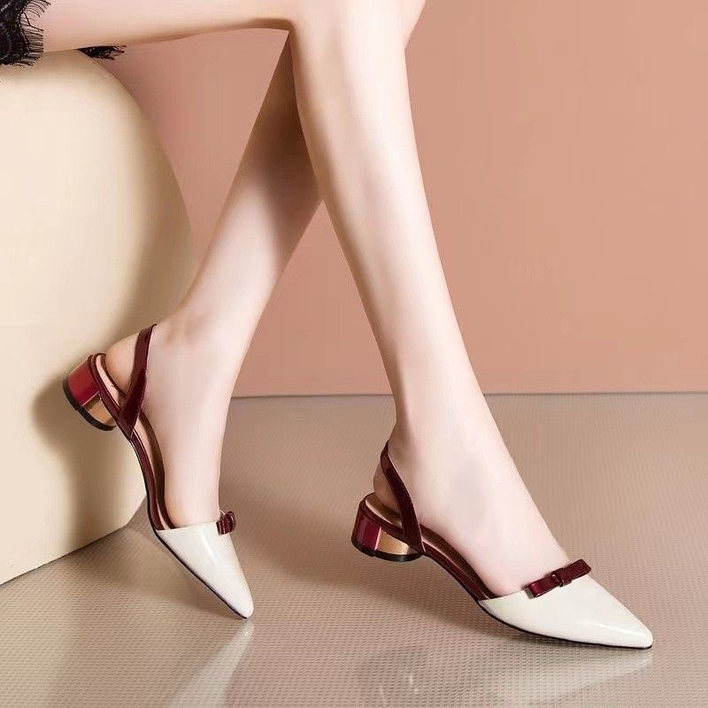 Sandalias mujer verano punta puntiaguda sandalias de tacón grueso cabeza de bolso de cuero suave moda tacón medio todo fósforo nuevo estilo exterior tacones altos vacíos