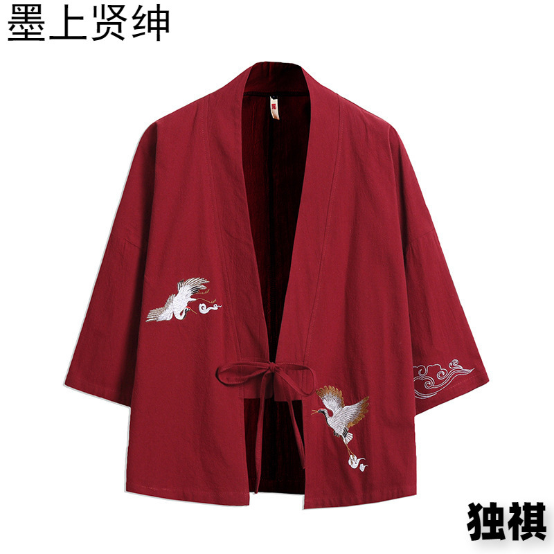 Primavera y verano estilo chino grulla bordada kimono cardigan tendencia masculina estilo antiguo estilo japonés chaqueta suelta taoísta traje masculino