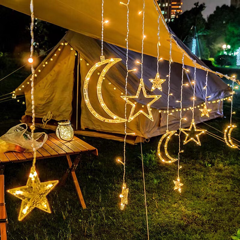 Spot Led Solar Star and Moon Curtain Lights Star Lights Christmas Outdoor Courtyard Holiday Decoration Lights Camping Style Lights