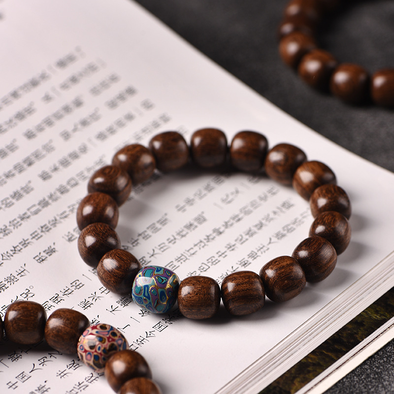 rosary with round beads golden sandalwood walnut