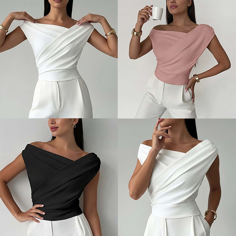 2026 primavera nuevo comercio exterior transfronterizo de Europa y América ropa de mujer sexy hombro abierto irregular cuello pequeño chaleco camisa de manga corta