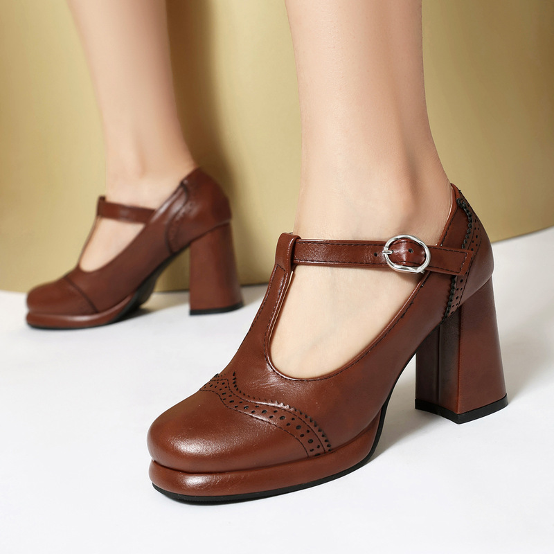 Wish foreign trade money 2025 spring fashion high heel small platform 32-43 size size T-shaped buckle carved single shoes