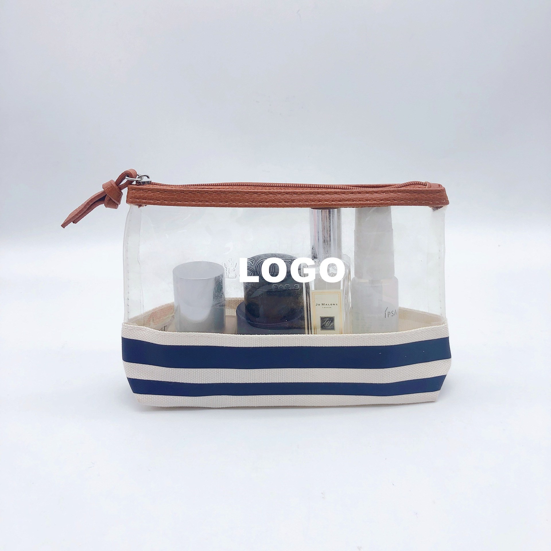 高品质多元素PVC透明袋帆布拼接条纹防水洗漱包旅行化妆品包袋