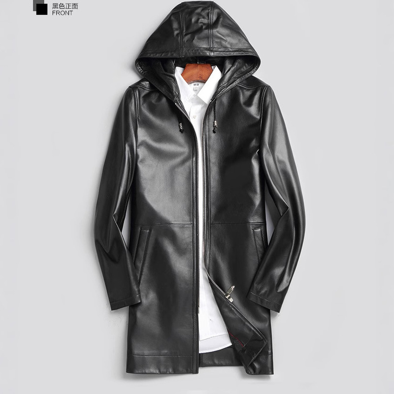 Sheepskin Genuine Leather Jacket for Men 2025 Haining Spring & Fall Mid-Length Hooded Windbreaker Black Business Slim Jacket