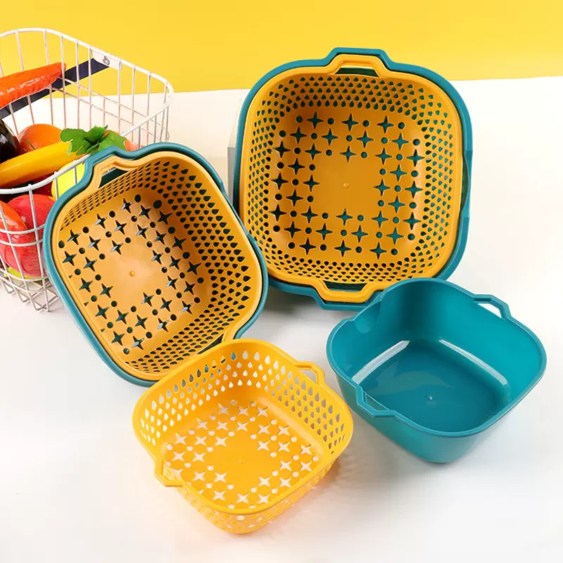 新款家用厨房双层沥水篮6件套 加厚多功能塑料洗水果洗菜篮批发