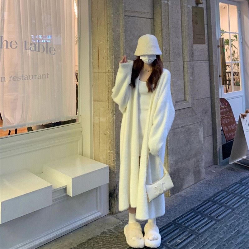 Autumn and Winter Over-the-Knee Long Lazy Style Imitation Mink Cardigan Sweater Medium Loose Knitted Jacket Bathrobe Outerwear Coat
