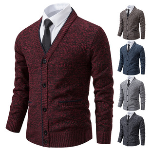 Foreign Trade 2024 Autumn and Winter New Men's Cardigan Trendyy Youth Casual Fashion Warm V Neck Knitwear Outer