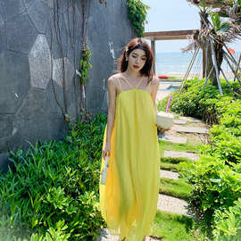 实拍压皱双肩带仙女吊带裙夏款度假风连衣裙子女