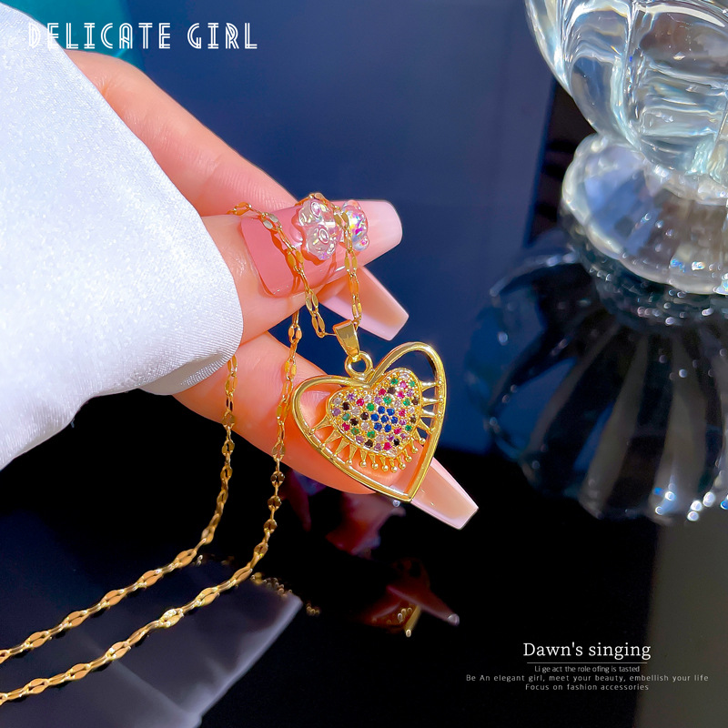 Ethnic Style Heart Shape Eye Titanium Steel Plating Hollow Out Inlay Zircon Pendant Necklace 1 Piece