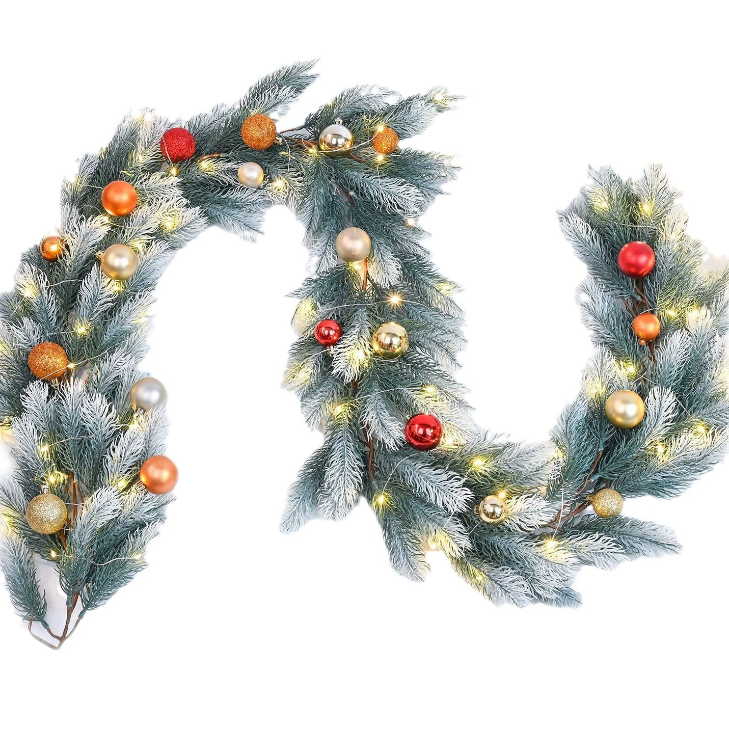 Christmas garland 1.8 m, realistic pine & cypress foliage with snowflakes, for stairs and hotel decor