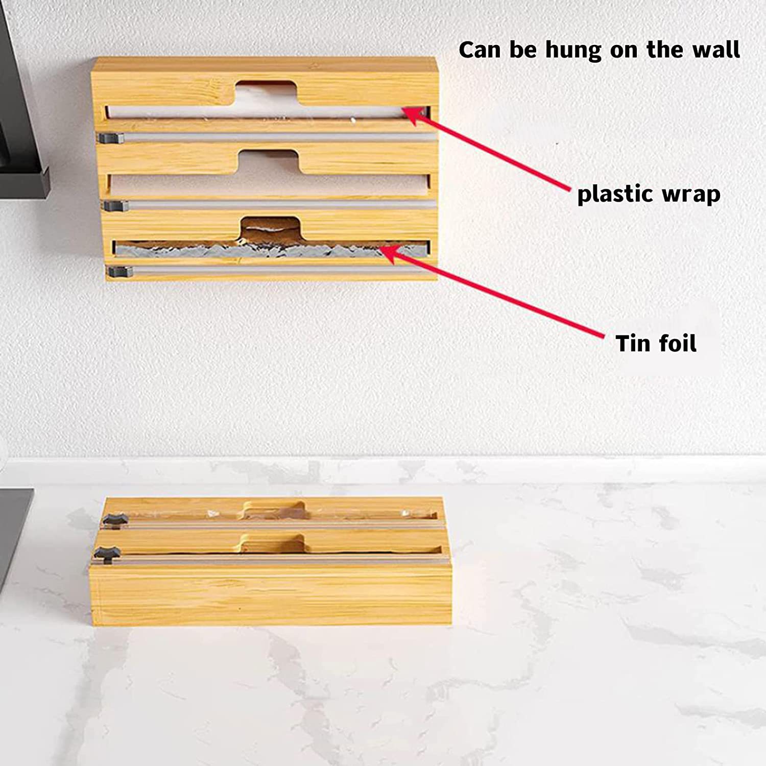 Cortador de envoltura de plástico de bambú cocina pared-montado caja de almacenamiento compartimiento cortador de madera de papel de estaño caja de madera