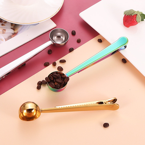 Factory stainless steel coffee bean scoop, kitchen use two-in-one seal clips and milk powder scoop