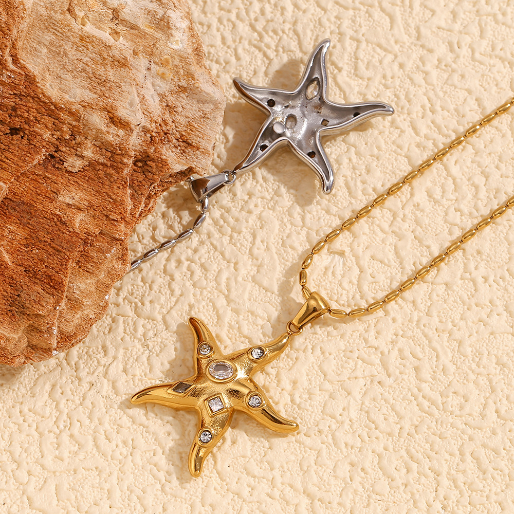 Stainless Steel Zircon Starfish Necklace
