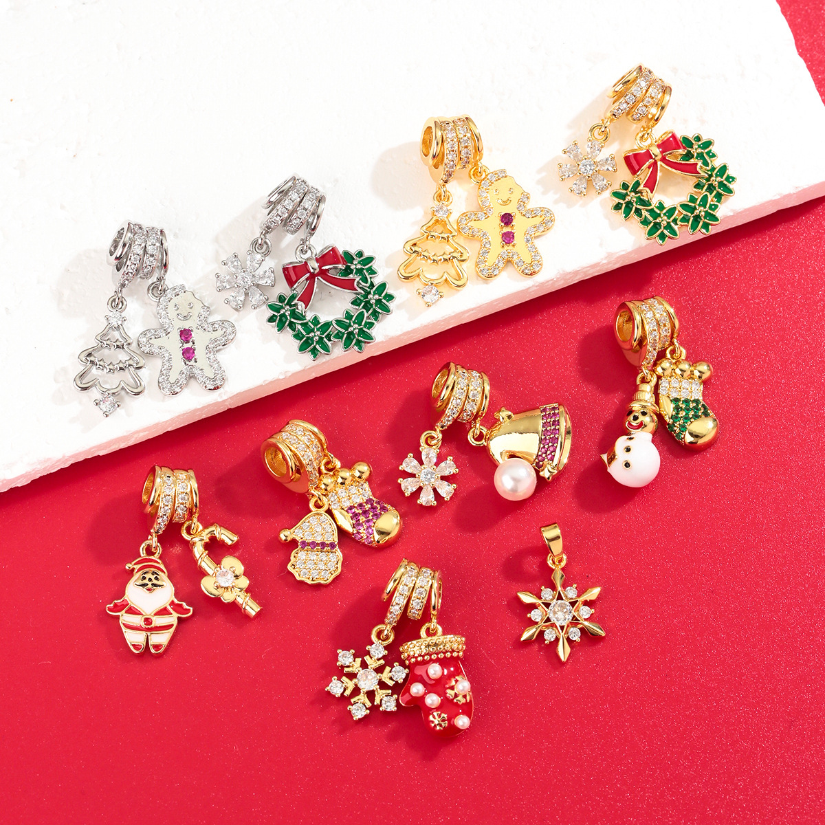 European and American copper-plated real gold Christmas necklace pendant snowflake Santa Claus zircon DIY bracelet jewelry accessories