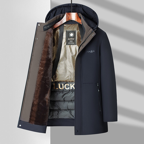 Mid-to-Old Age Men's Long Coat with Detachable Hood, Warm and Fleece-lined, Large Size Father's Outfit Winter Cotton Coat