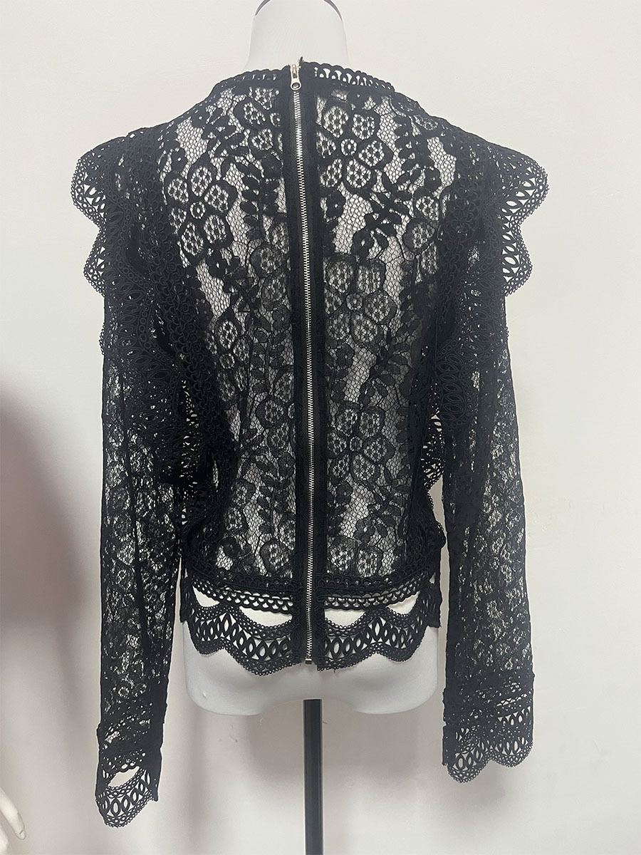 Women's Long Sleeve Blouse Sexy Hollowed Out Lace Top Solid Color Base American Style New Design Coat_ecoleips.com