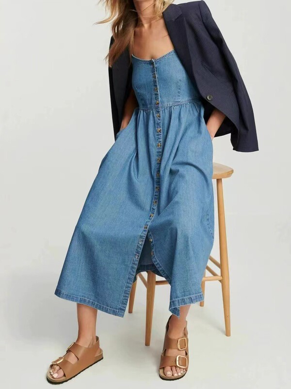 Amazon European and American Cross-Border Spring and Summer New Temperament Commuter Fashion Suspender Denim Women's Dress