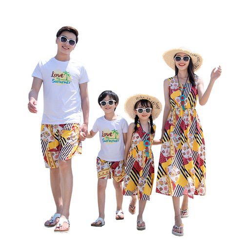 Beach parent-child clothing, summer clothing, seaside vacation, mother-daughter, mother-son, fashionable, family of three, four, sleeveless long dress