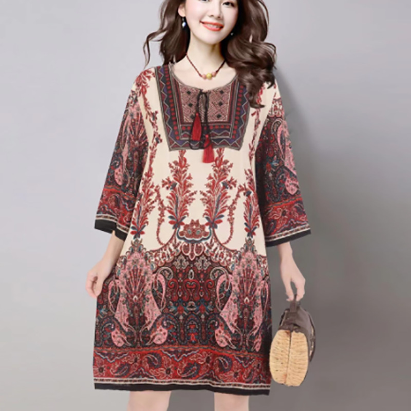 タイ風Aラインコットンワンピース、夏向け、クロスボーダーコットンシルクワンピース、アーティスティックレトロエスニック風婦人服