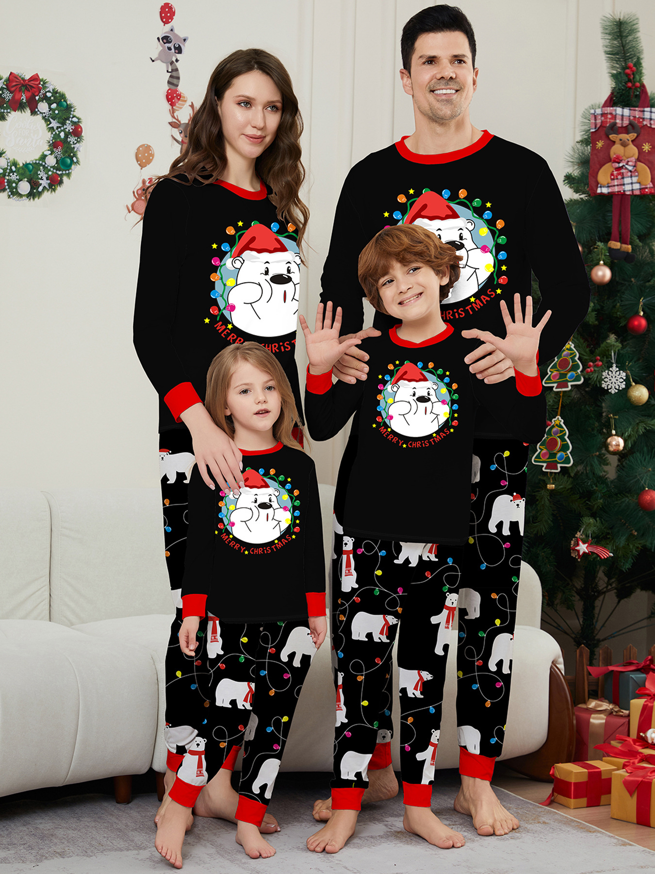 Printed Christmas family pajamas Polar bear seven-color lights mother and daughter dress Christmas loungewear_viptrois.com
