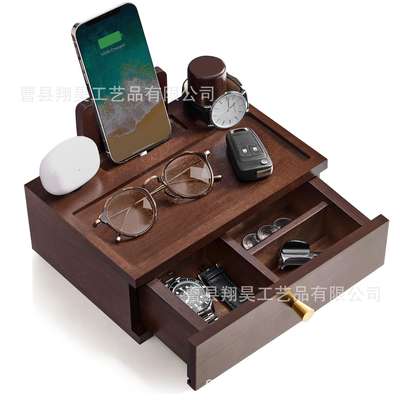 Vintage Wooden Men's Bedside Cabinet Storage Rack with Drawer Glasses Sundries Storage Box Living Room Mobile Phone Holder