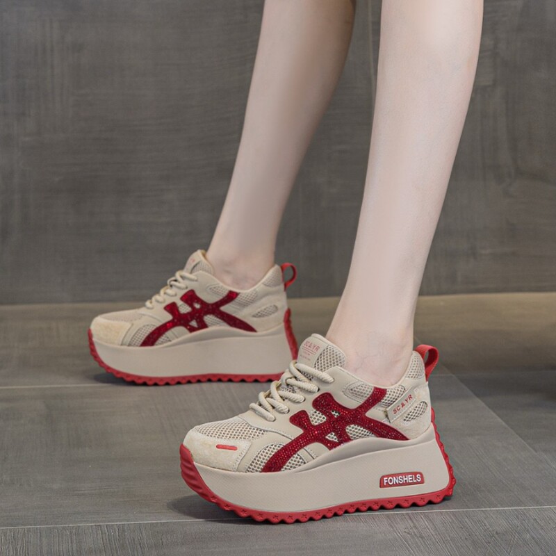 Breathable Mesh 8cm Heightening Rhinestone Forrest Gump Shoes for Women Autumn Versatile Casual Sports Running Shoes for Women Ysy2925