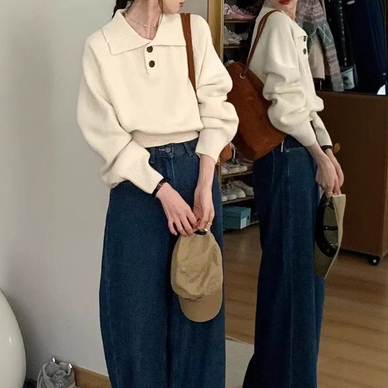 跨境外贸新款纯色polo领简约宽松休闲套头毛衣女基础款针织套衫|undefined