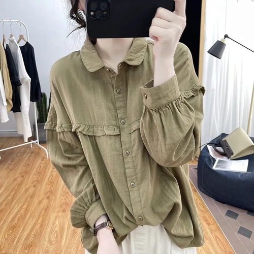 Cotton Lantern Sleeve Women's Spring and Autumn Lotus Edge Long Sleeve Youthful Yuanbao Collar Top Retro Base Button Blouse