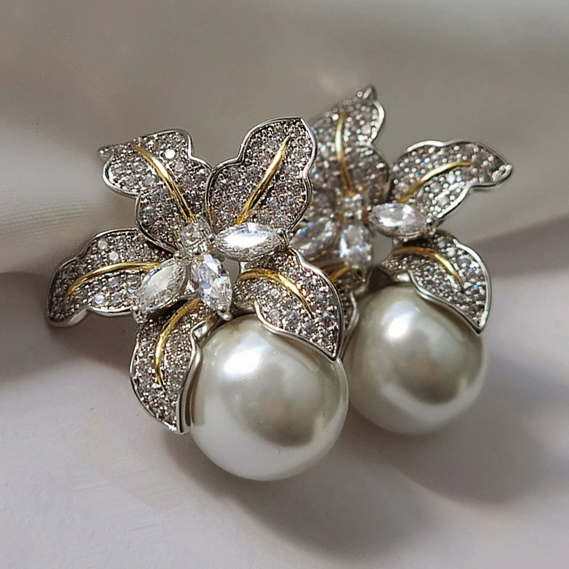 Demi-season two-color universal earrings floral from pearl, light luxury style