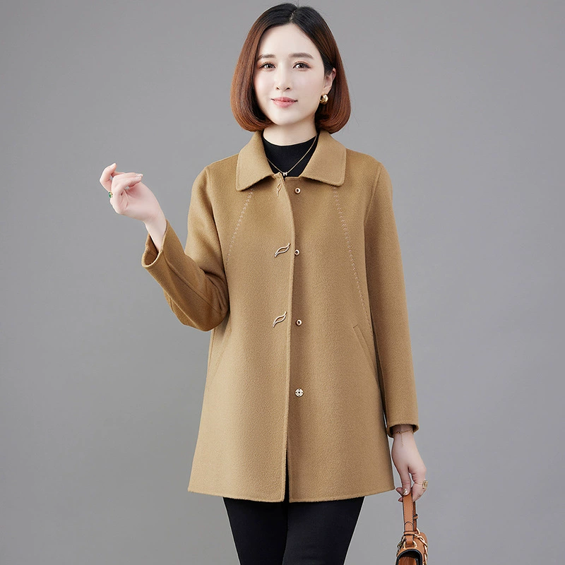 Double-Sided Velvet Wool Coat for Mothers - Demi-Season, Plus Size, Classic Collar, Cozy Warmth