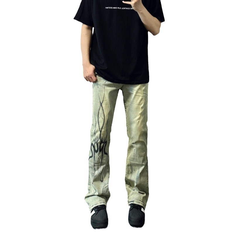 American fashion brand high street flame residual shadow slim fit micro flared jeans Vibe style pants for men, washed_voghion.com