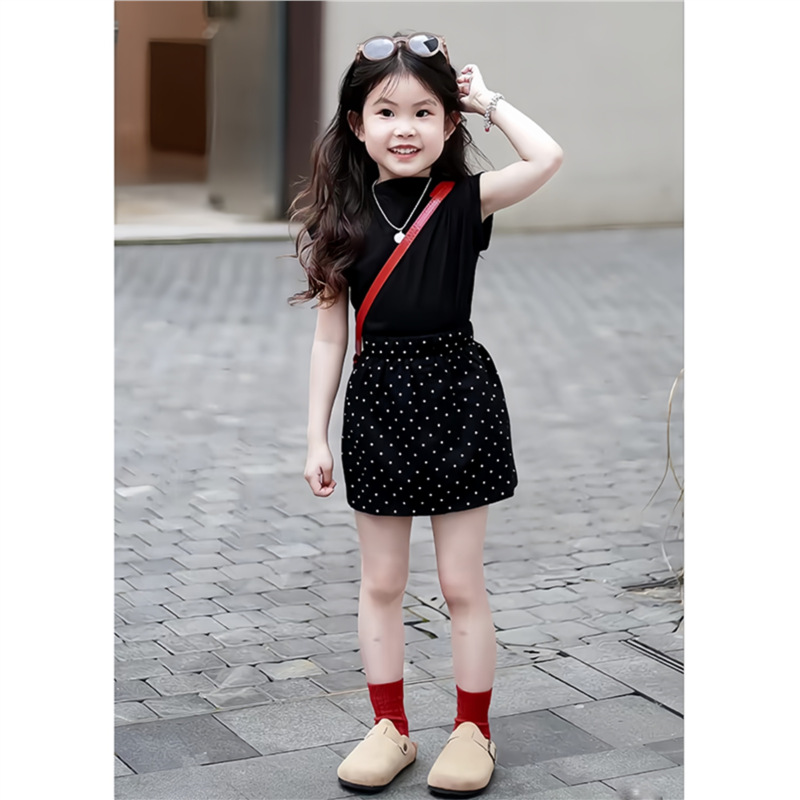 韓版童裝女童2024夏季套裝兒童洋氣黑色短袖波點半身裙兩件套時髦