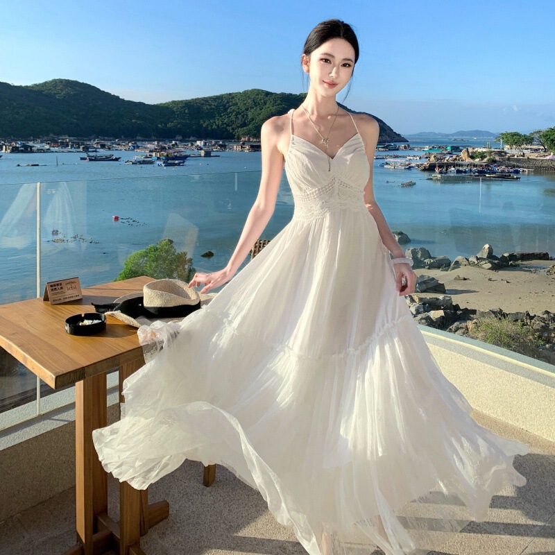 French-Style V-Neck White Moonlight Lace Patchwork Backless V-Neck Strap Dress 2026 New Model Seaside Vacation Beach Dress