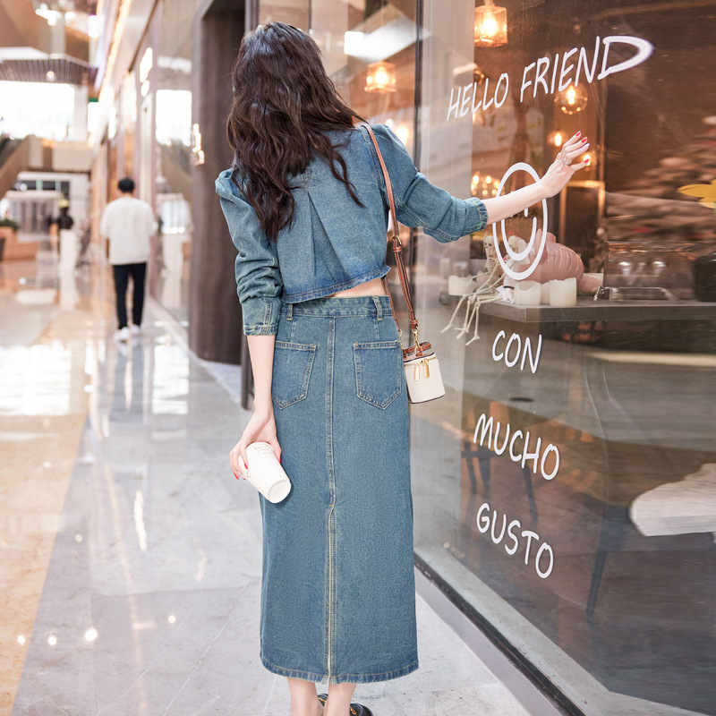 In stock 2024 spring new women's Korean-style slim-fit personality lapel fashion long Denim dress Y24016