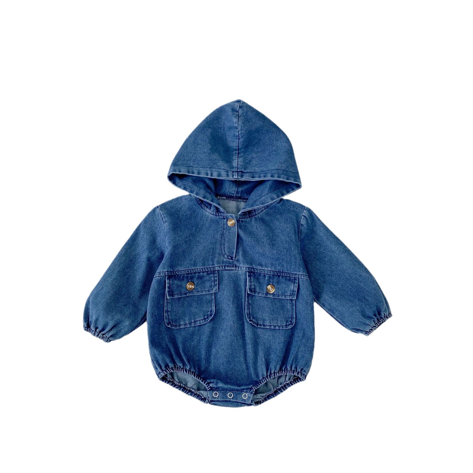 Ins 2024 autumn clothing for infants, young children, boys girls, denim style, hooded, double pocket, long sleeved,_voghion.com