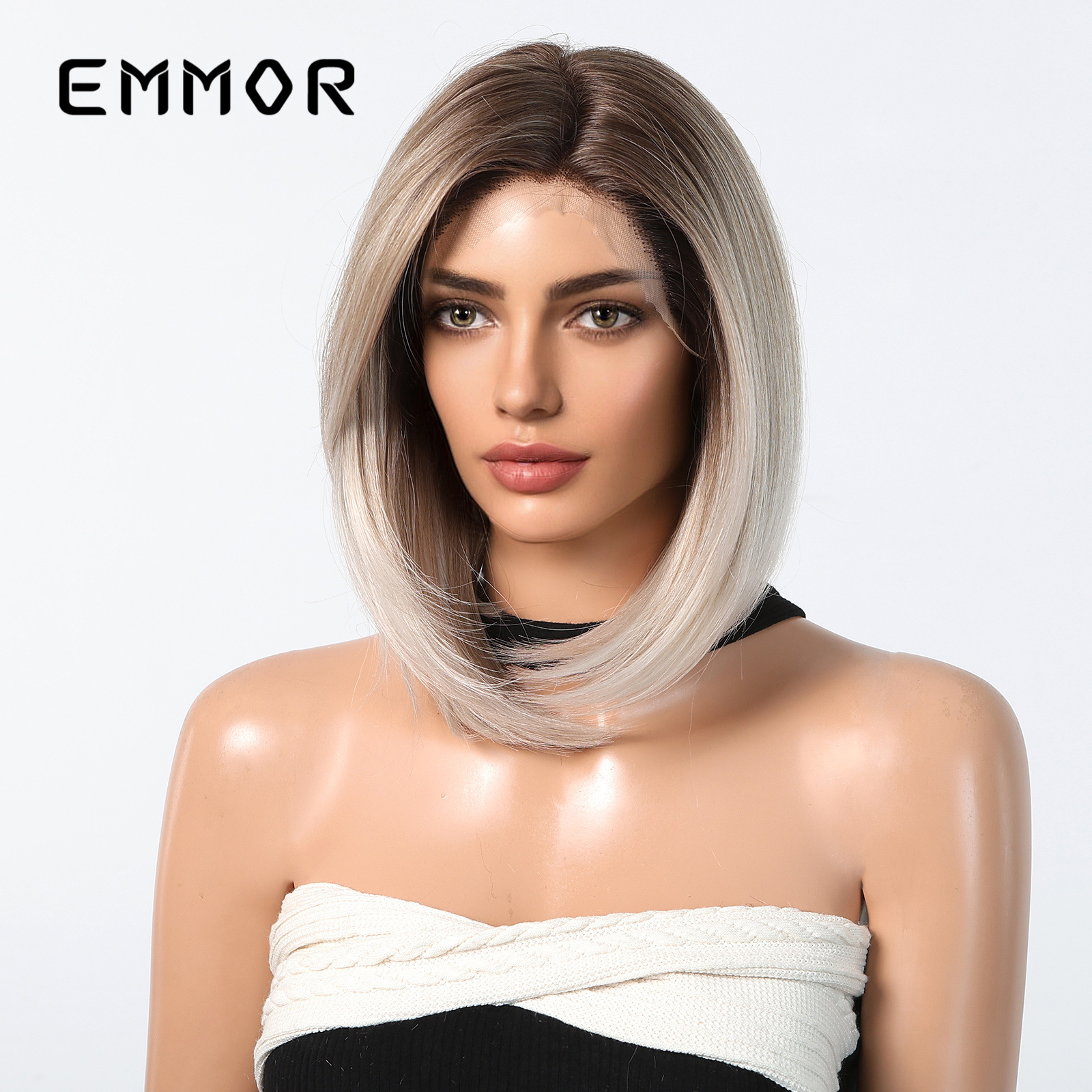 Venta caliente transfronteriza 13 × 6 encaje delantero de área grande medio corto cabello lacio cabeza bobo peluca realista natural cubierta completa