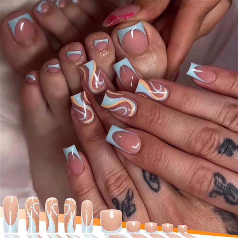 Cross-Border Hot-Selling Fresh Blue Lines Abstract Rhythmic Ripple Lines Hand and Foot Nail Set Nail Art Manufacturer Finished Product