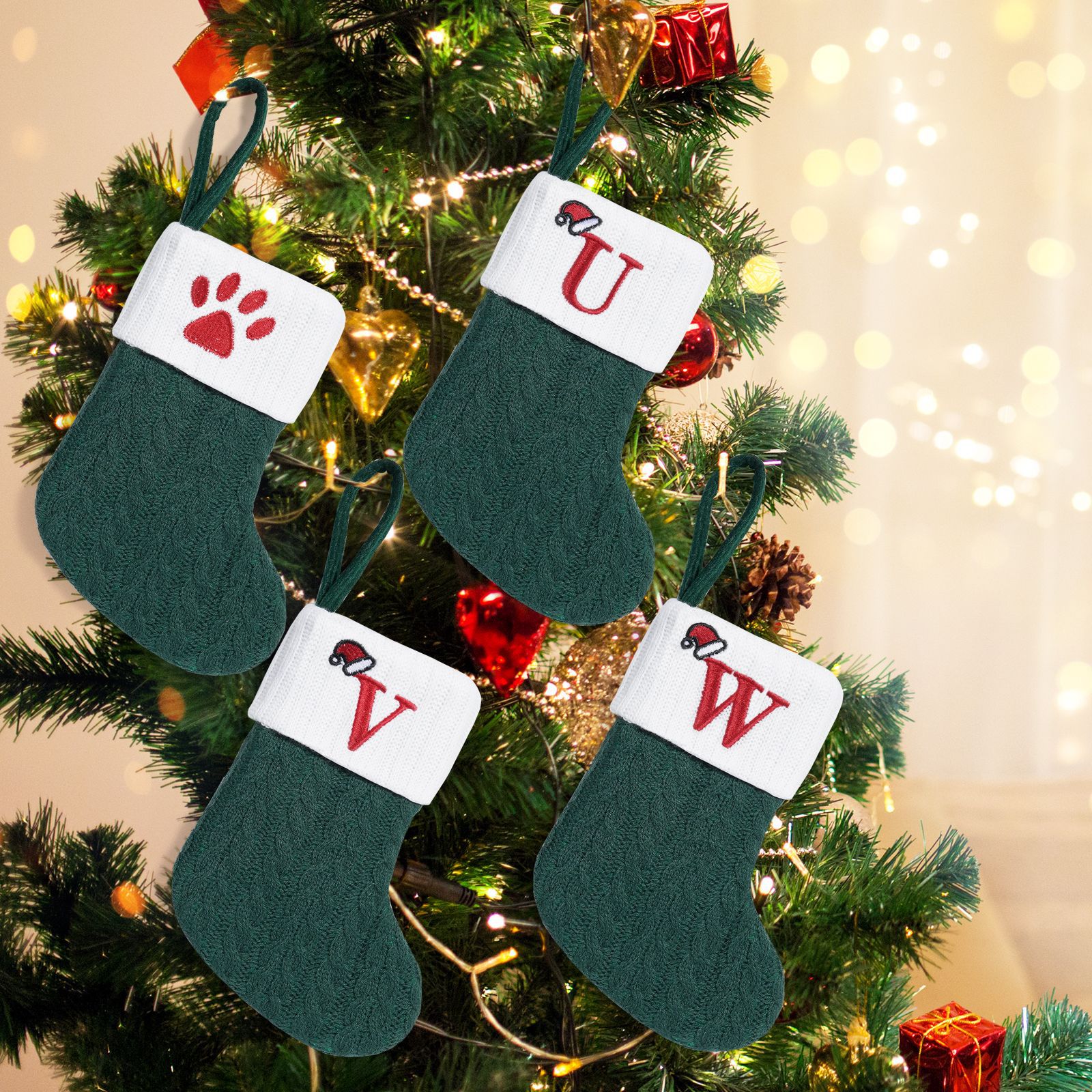 Navidad transfronteriza decoración de punto calcetines de Navidad verdes calcetines de Navidad letras creativas bordadas colgantes bolsas de regalo