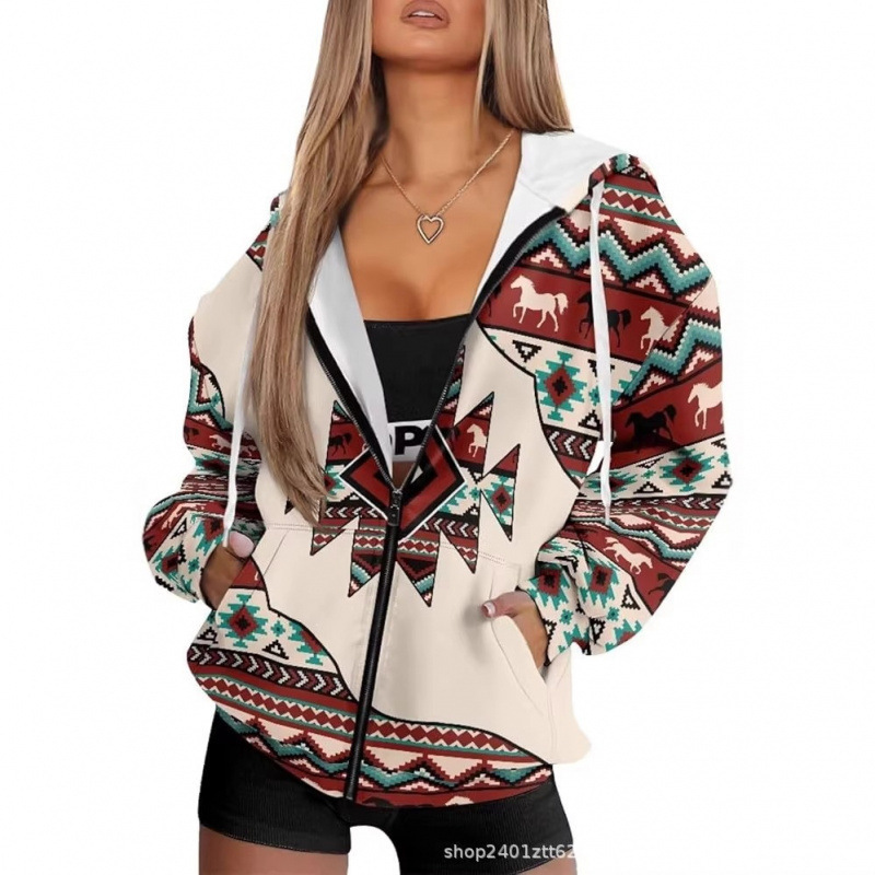 Independent brand spring and autumn new cross-border retro 3D printed hooded zip-up sweatshirt casual loose patterned women's clothing Independent brand spring and autumn new cross-border retro 3D printed hooded zip-up sweatshirt casual loose patterned women's clothing