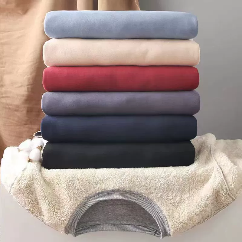 Японский плотный свитер из овечьей шкуры, мужской утепленный Однотонный свитер на флисовой подкладке, Осень-зима 2023, свободная теплая Базовая рубашка с круглым вырезом