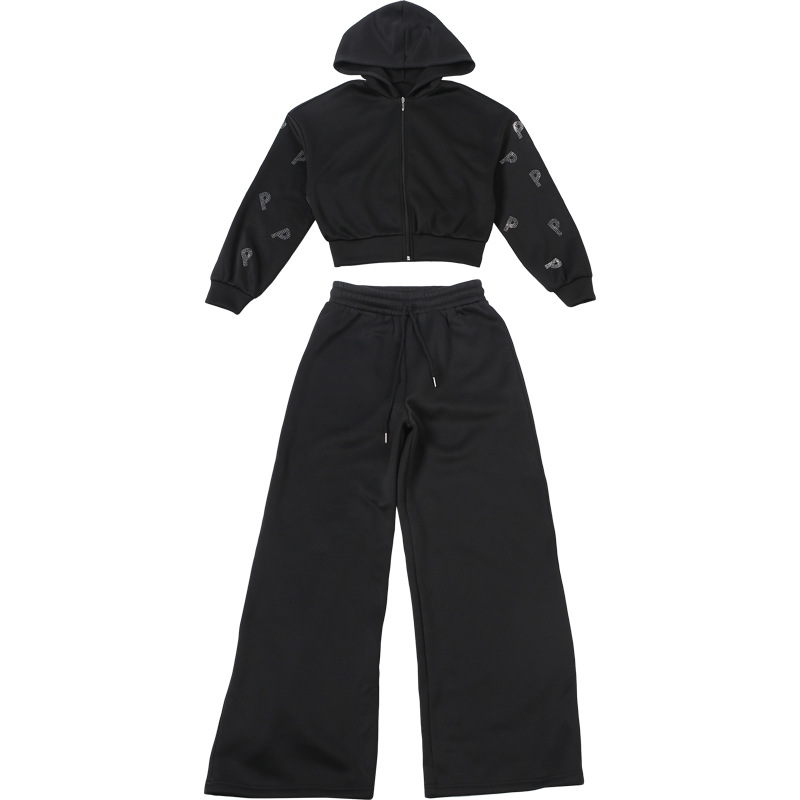 Autumn Winter Letter Graphic Rhinestone Hooded Sweater Loose Straight Trousers Set 9 Autumn Winter Letter Graphic Rhinestone Hooded Sweater Loose Straight Trousers Set