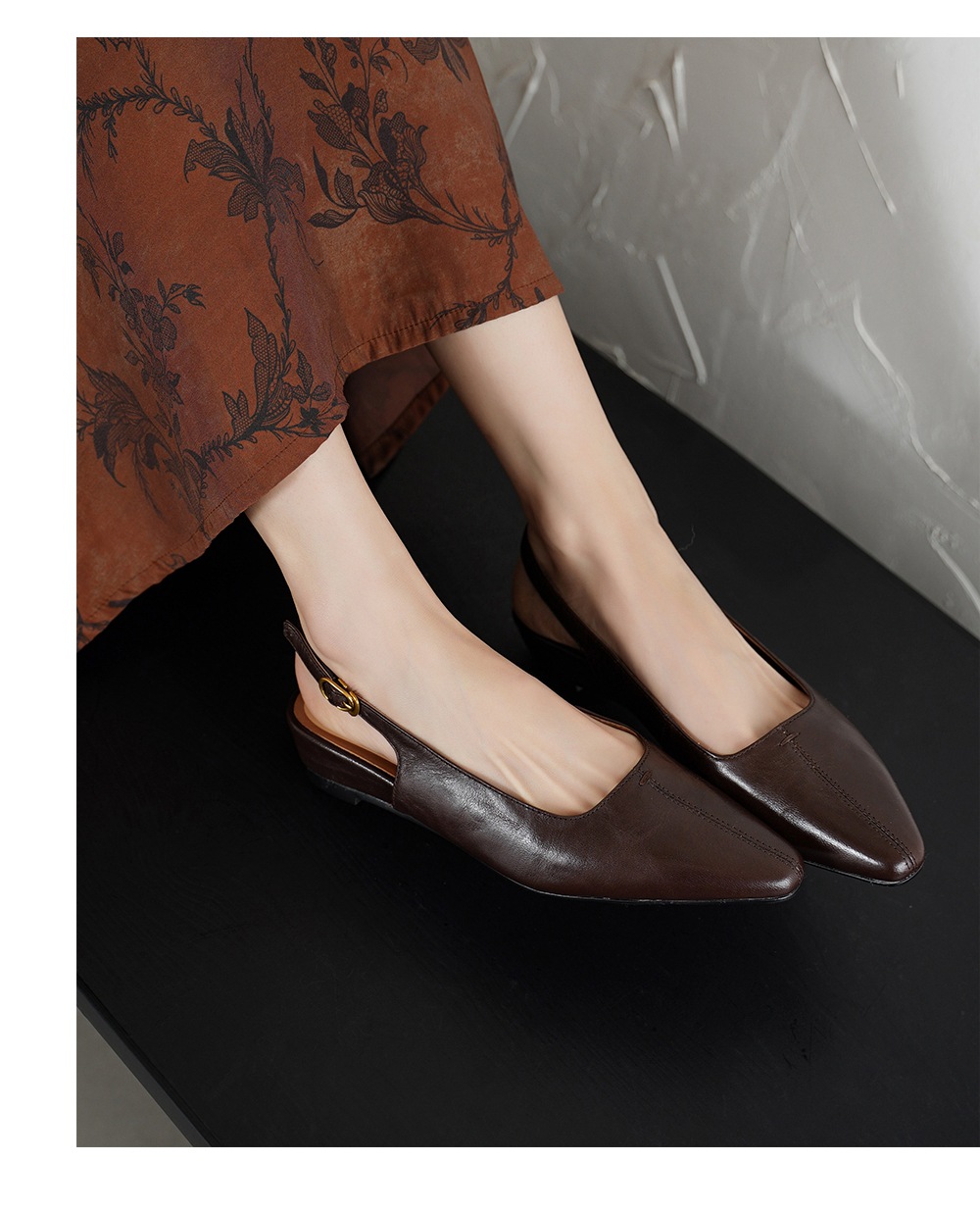 Sandal nữ da cừu mũi nhọn quai chữ V đế bệt — màu nâu chi tiết 11