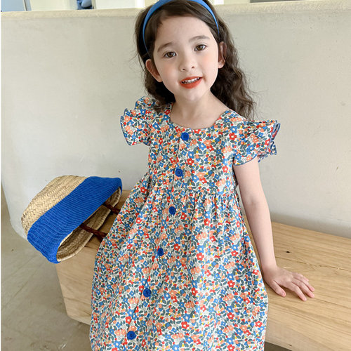 Girls' skirt single-breasted floral flying sleeve dress princess skirt 24 summer clothes new foreign trade children's clothing dropshipping