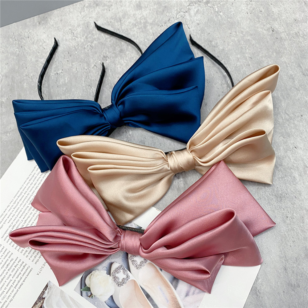 Plaid, Bow Knot Pattern Fashion Three-layer Satin Solid Color Sweet Big Bow Satin Headband