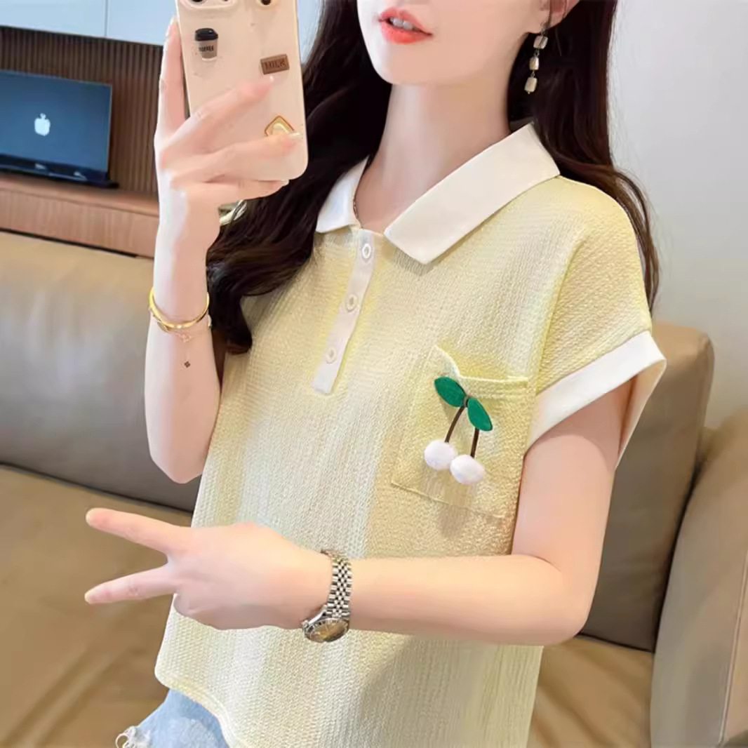 Tops de cuello de polo de bolsillo de color de contraste de textura de gran tamaño para mujer 2024 verano nuevo estilo suelto y delgado camiseta de manga corta para mujer