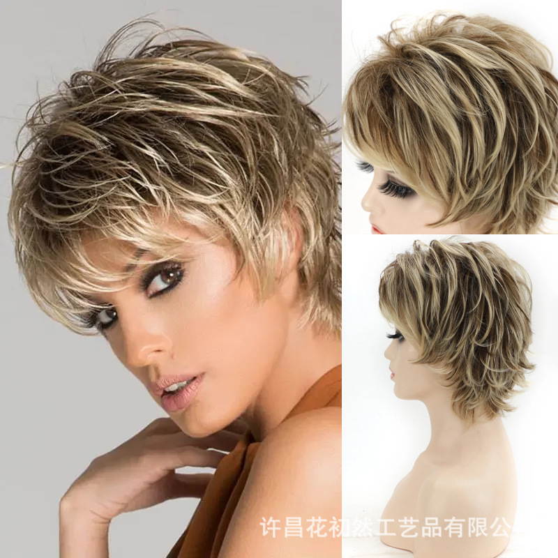Women's Short Synthetic Wig Gradient Golden Elf Cut Hair Natural Fluffy Curly Hair Wig Women's Costume Party Head