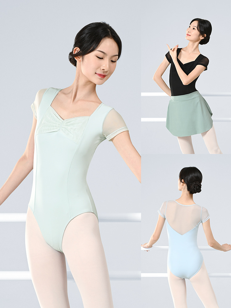 Ropa de baile ropa de práctica de verano de las mujeres de manga corta de nylon de malla plisada mono Ballet entrenamiento básico bailando ropa de cuerpo