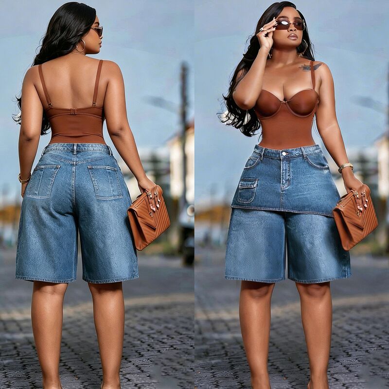 S391569 Cross-border women's clothing American retro denim skirt-pants high-waisted straight-leg shorts hot girl street style jeans