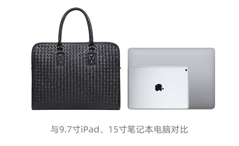 Túi xách nam da bò thật dệt tay cao cấp 40×13×29 cm, túi đeo vai công sở — Màu đen chi tiết 13